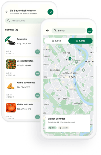 Digitale Hofsuche mit Gemüseangebot und Kartenansicht direkt in der Loql App.