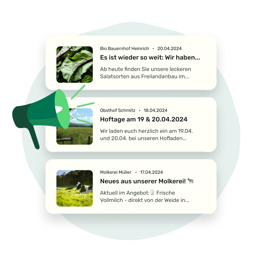 Ausschnitt der Loql App. Newsfeed Beiträge von drei Erzeugern