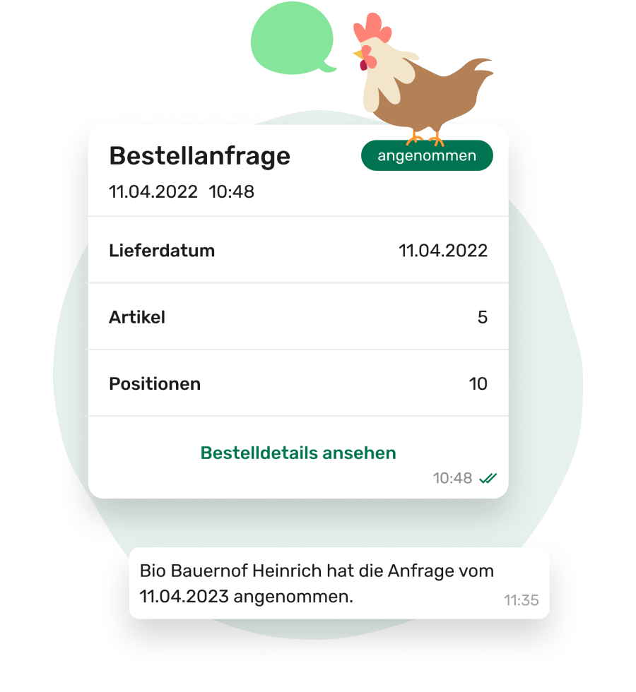 App-Screen mit angenommener Bestellanfrage vom Bio Bauernhof Heinrich.