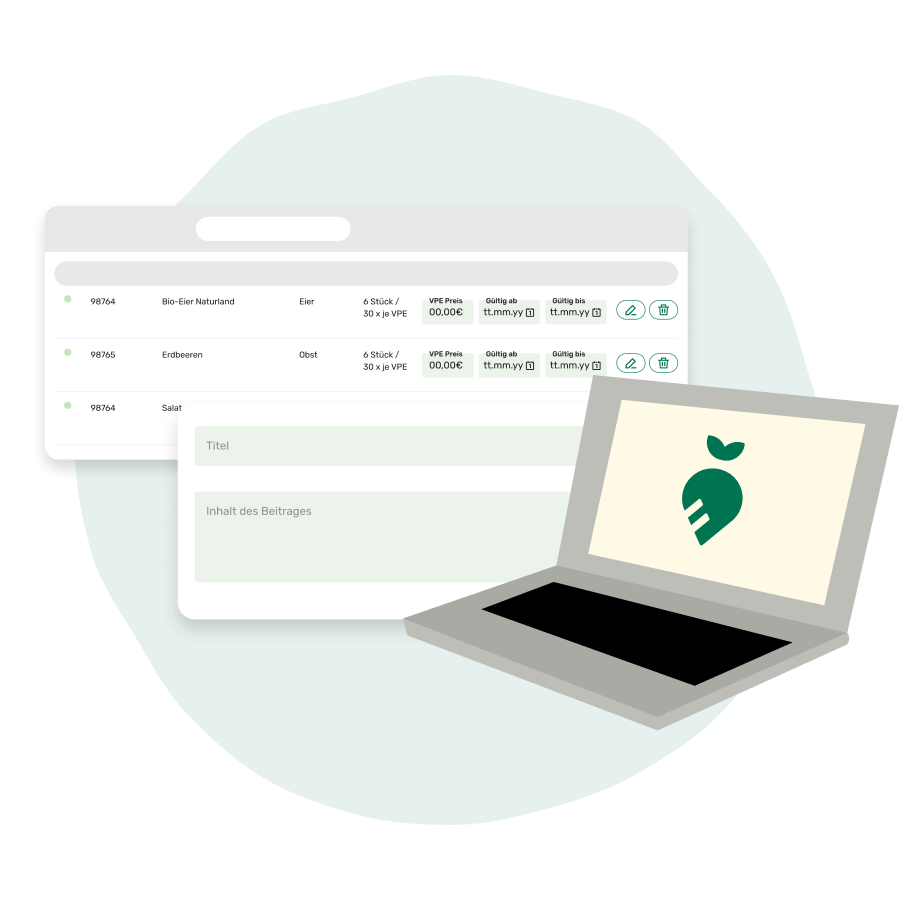 Loql Webportal wird gezeigt und eine Illustration eines Laptops.